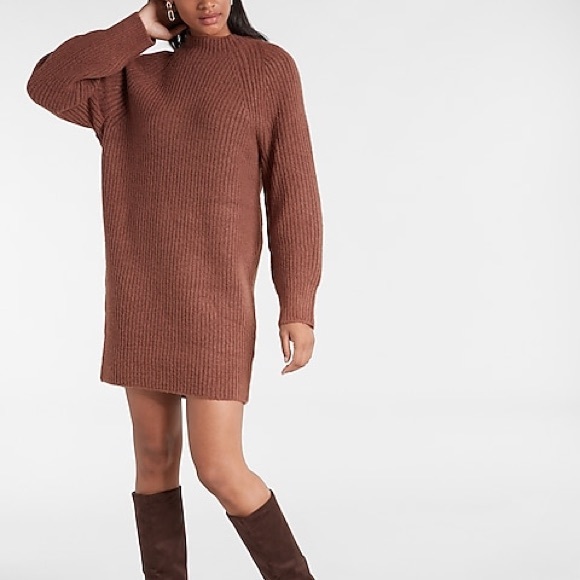 EXPRESS Super Cute & Cozy CHOCOLATE Mock Neck Shift Sweater Dress SZ L - Picture 4 of 5